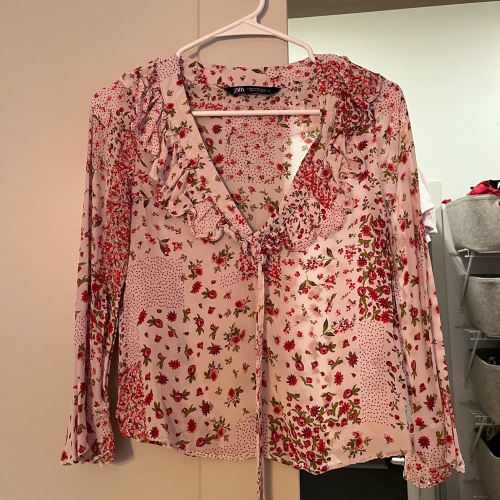Zara Red and White Floral Long Sleeve